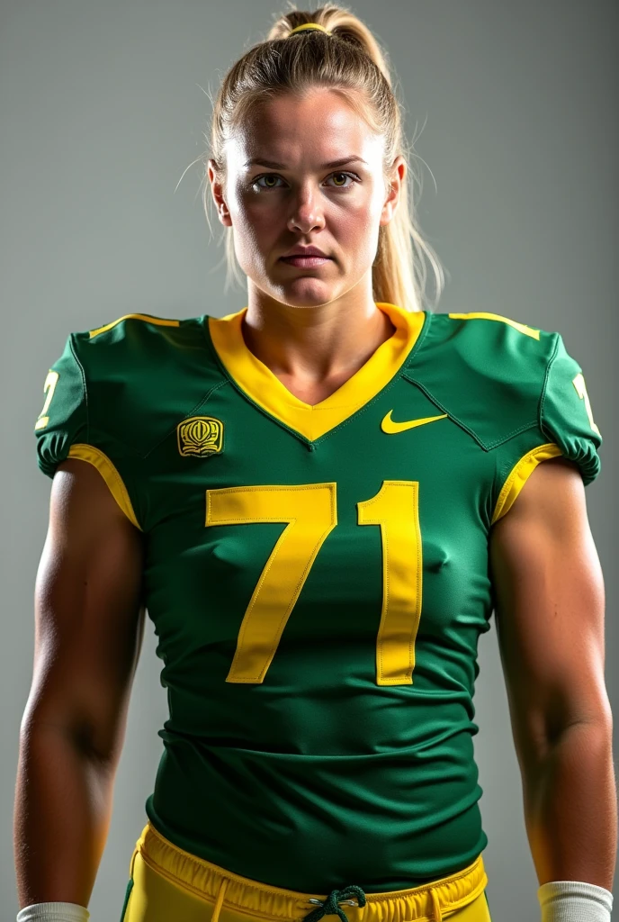A photo of Ashley Sanders, an offensive tackle for the female Oregon Ducks football team. Number 71. Blonde sexy