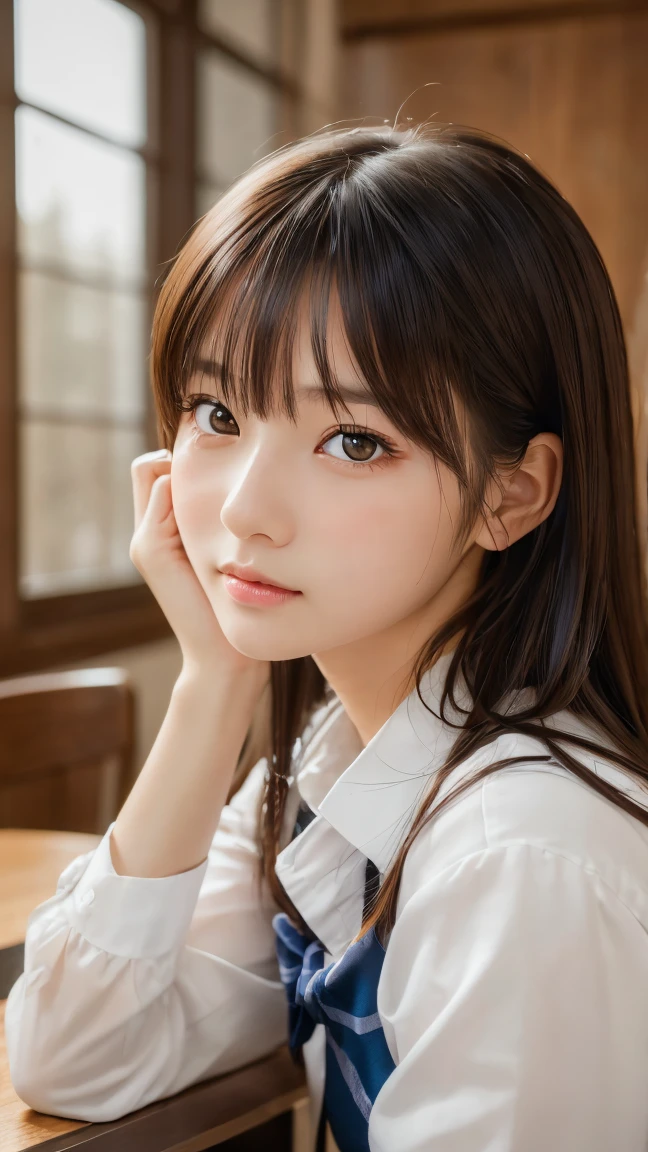 (Tabletop:1.3), (8k, Realistic, RAW Photos, Highest quality: 1.4), Japanese, (One Girl), Beautiful Face, (Realistic Face), (Black Hair), Beautiful hairstyle, Realistic eyes, Beautiful attention to detail, (Realistic Skin), Beautiful Skin, Charm, Ultra-high resolution, Surreal, Very detailed, Golden Ratio,school uniform.