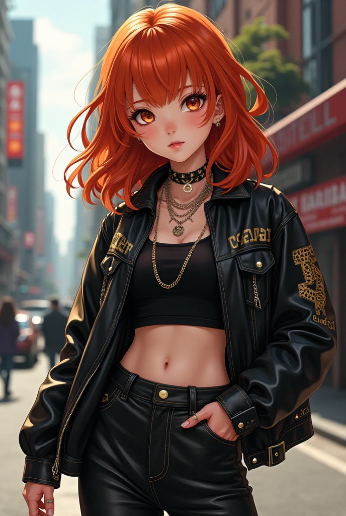 Cool ginger girl, hip hop style cothes, chains rock acessories, cool pose. Anime style
