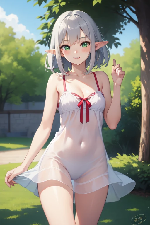 (High definition) (masterpiece) 1 girl, elf, body, cute face, young, slender, perfect waistline, perfect legs, small breasts, in cute sundress, nice cleavage, cute green eyes, medium sized silver hair, smiling, sexy pose, outdoor