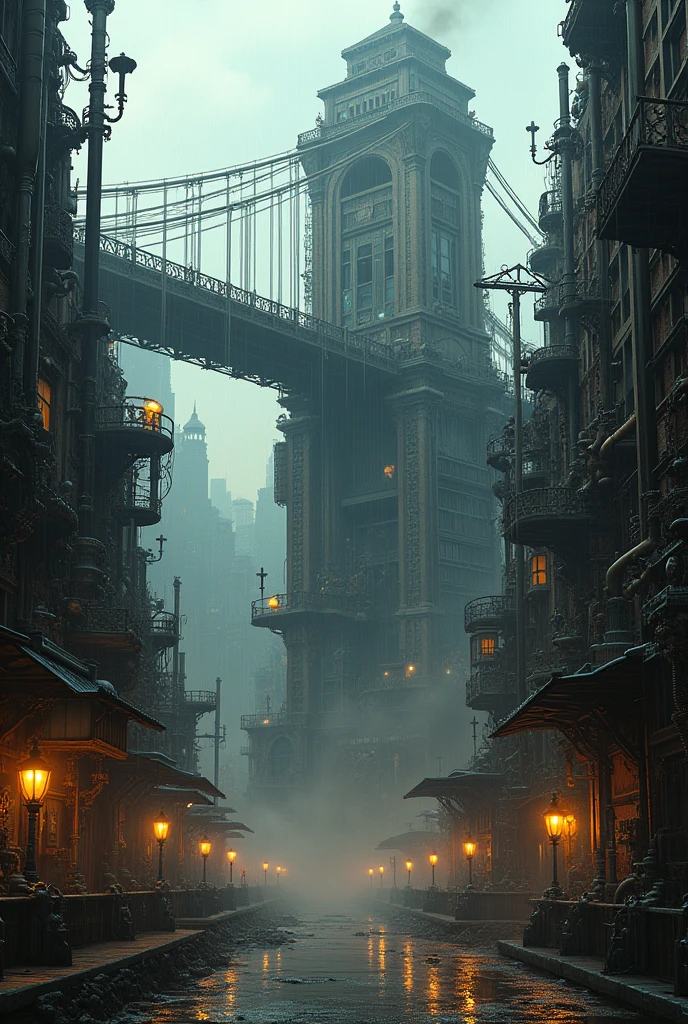 steampunk cityscape, perspective from below, Buildings packed with exposed gears and pipes, dim light illuminating the irregular structures, submerged soil covered with mechanical devices, Gears turning and thick pipes whistling, Covered bridge with intricate designs, smoky weather with chimneys spewing steam, staggered cables crossing the sky, raindrops reflecting the chaotic beauty of the scene.

INFORM
