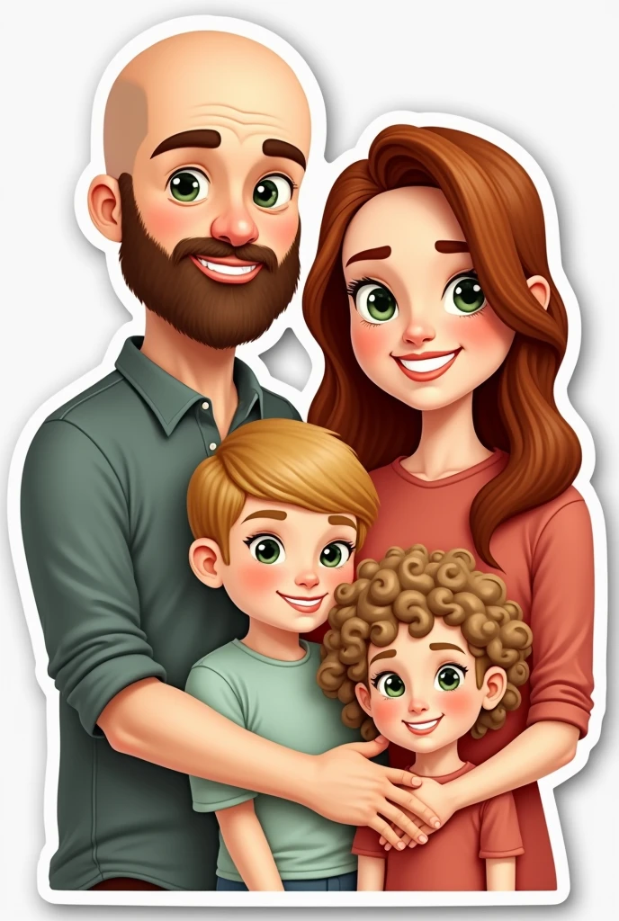 A family, A white man, Cao Cao, almost bald, brown beard, greeneyes, next to a white woman de greeneyes com o cabelo castanho-acobreado, straight and without bangs parted in the middle, next to a white woman, greeneyes, curly and blonde hair, illustration style, sticker