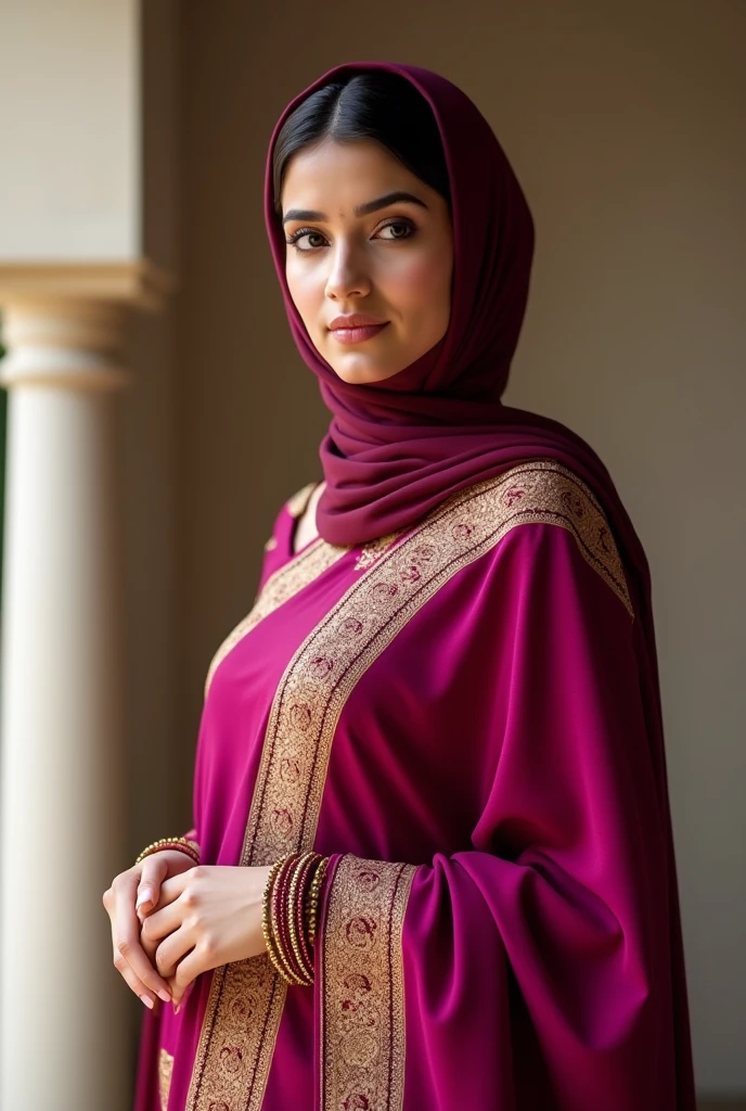 A girl wearing magenta saree with heavy golden jari work, megenta blouse, maroon hijab and maroon and golden bangles