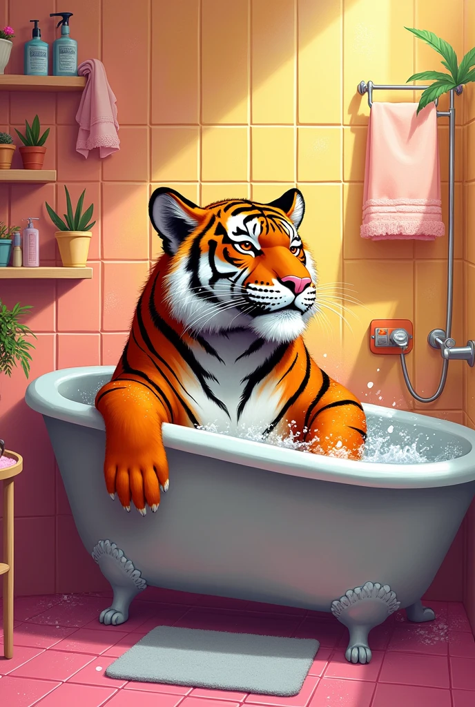 tiger having a bath in a bathtube in the bathroom bright colours Pink yellow handy art style creative thick stroke oíl painting