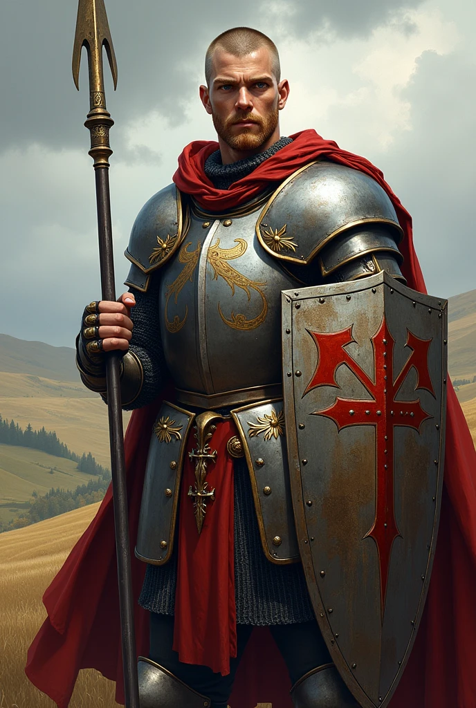 Male knight, medieval, british armor, big shield and lance, blue eyes, bald, blonde short beard, young, realistic art