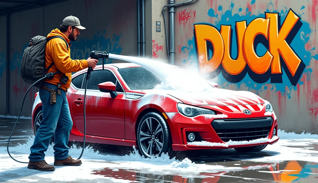 A graffiti style drawing of a man washing a car with snow foam and on the wall writing: duck
