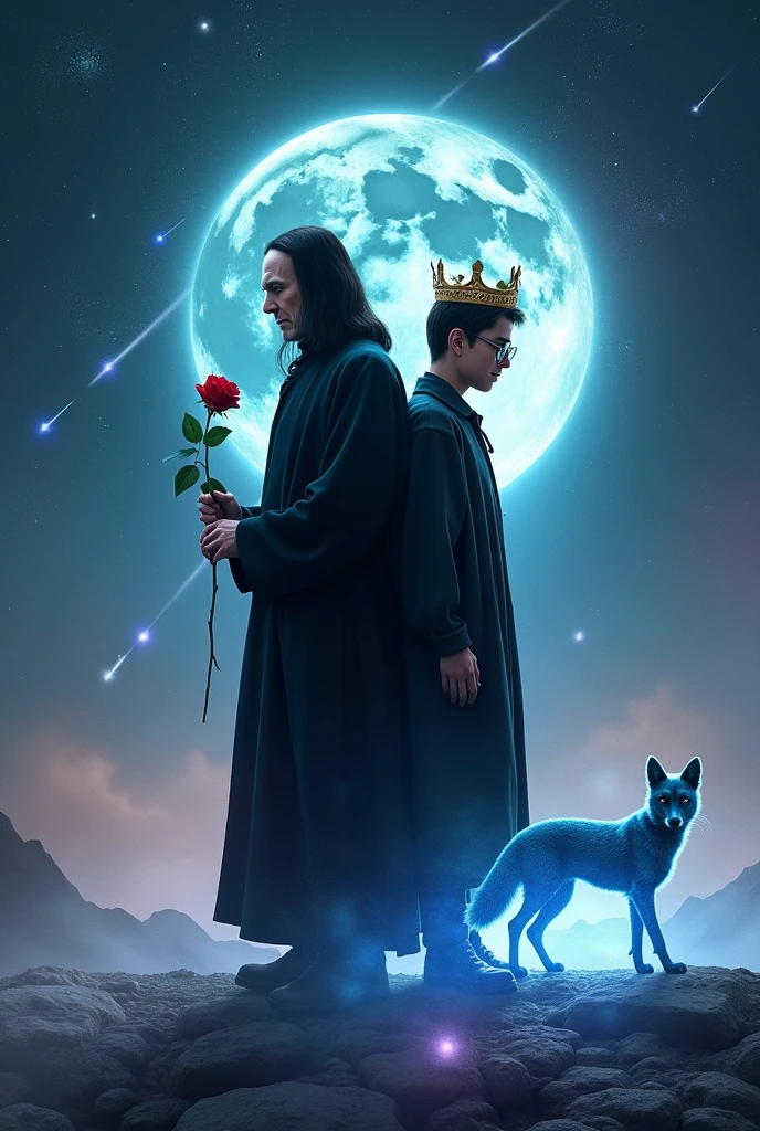 Severus Snape, head of the Slytherin house, should be in the picture, standing with his back to him with a red rose in his hand, Harry Potter's 17-year-old self leaning back to back, in glasses with a crown on his head. In the background is a blue glowing fox similar to patron charms, outer space, shooting stars, smaller planets and the two characters should stand on the same planet. The inscription THEY ARE ANONYMOUS should appear at the top of the image.