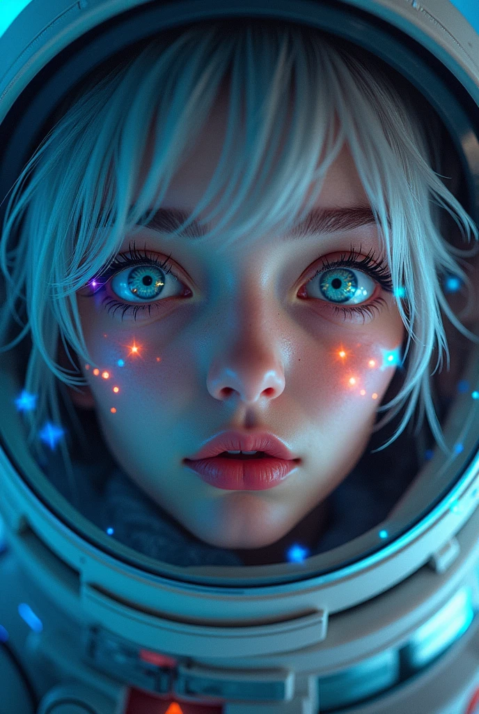 (Close-up of a better masterpiece:1.5)0.9], (Space and astronauts:1.2) (Messy silver hair:1.1) (Heterochromia xanthochromia and blue eyes:1.2) (Space Helmet:1.0) (Colored stars in the eyes:1.0) (A radiant glow:1.1) (thick lips:0.9)