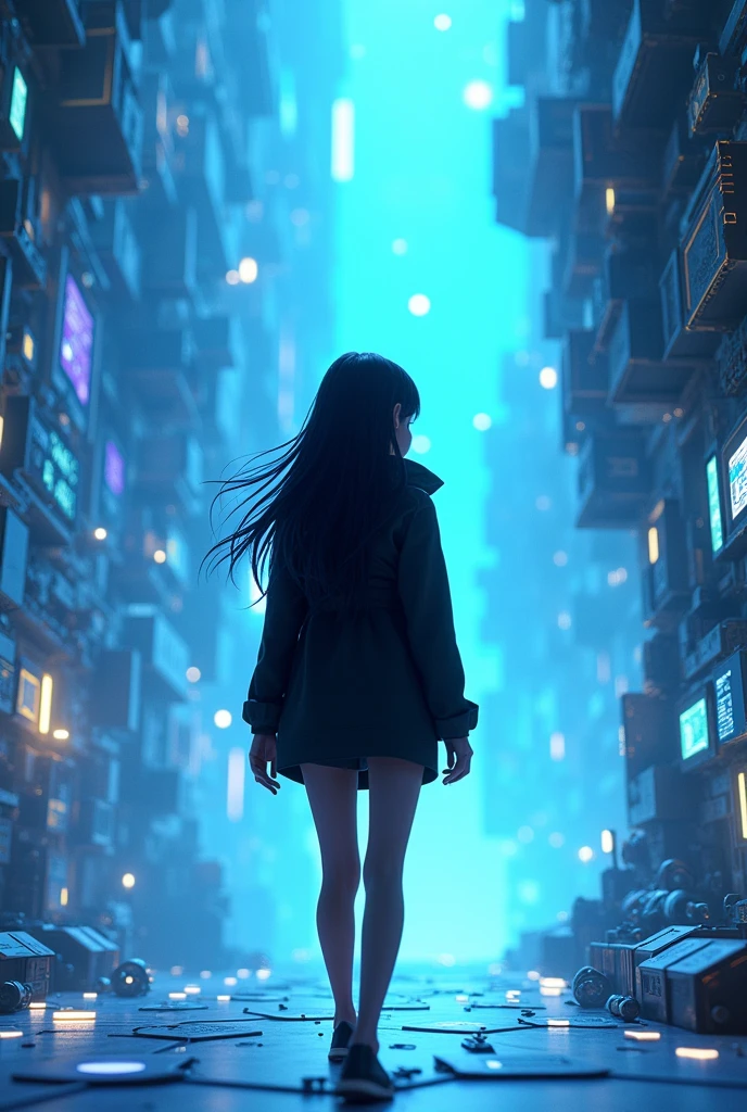 I will create a Pixar-style 3D poster for you, with a 20 year old girl exploring a world of digital design. She will have black hair and will wear a black outfit., white and azure. No fundo, there will be a creative graphic design scene, with code elements and digital icons. One moment, Por favor.