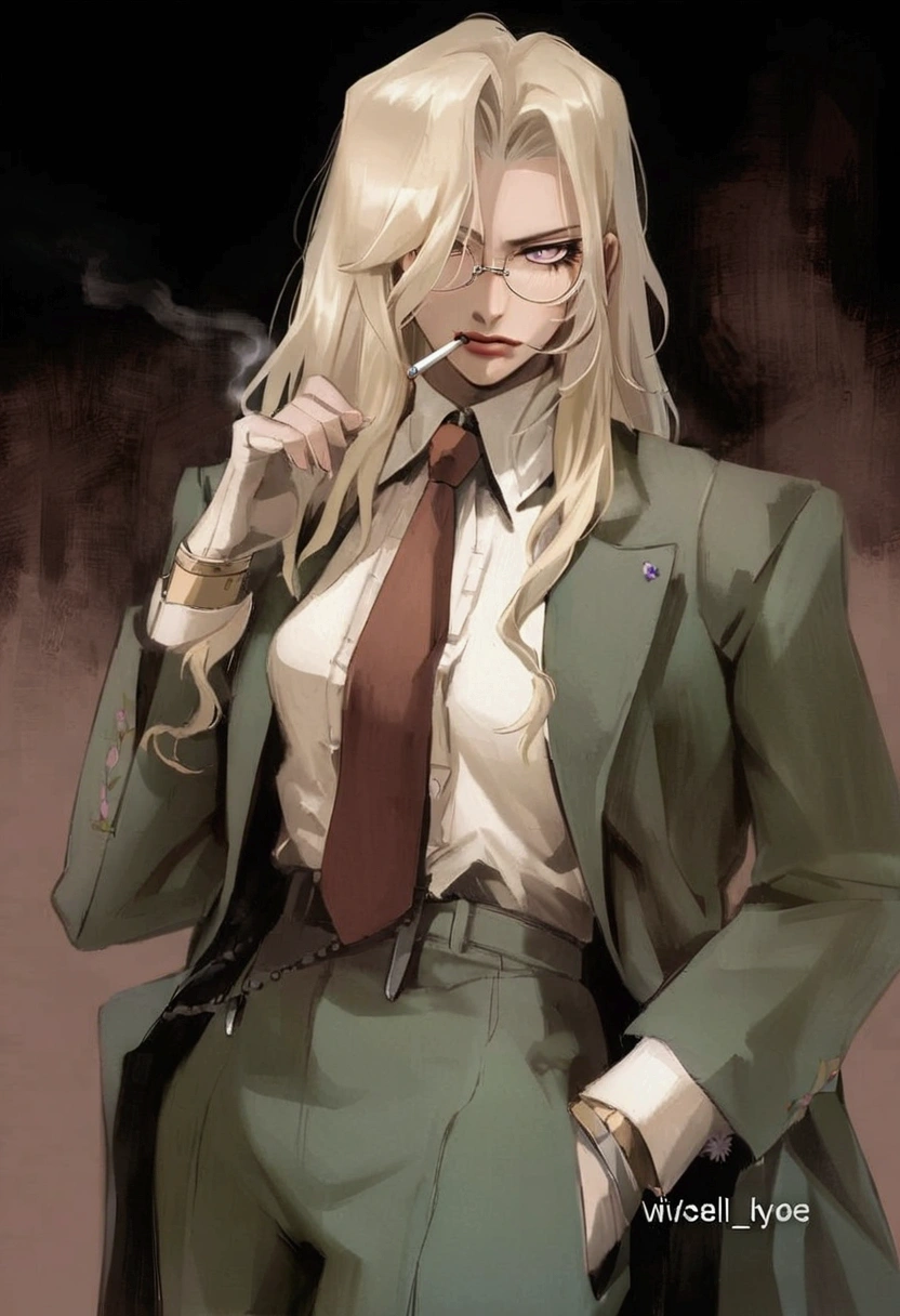 blonde woman in green kimono smoking a cigarette, detailed anime character art, digital art from danganronpa, king hiroe branch of the black lagoon, kimono girl, anime character art, anime character, blonde anime girl with long hair, female anime character, kimono girl, style of hajime isayama, wise ( assessing ), dolorida, sick, garota sick, rosto fungus, fungus, prague, illness, Spores.