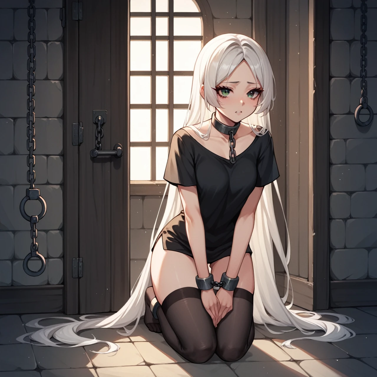 check_9, check_8_up, check_7_up, check_6_up, check_5_up, check_4_up, source_anime, 1 woman, get down on your knees, White hair, straight hair, Very long hair, submissive look, WW chain, shackles, Came down with a weapon, doors, clean hair, black shirt, Short, thigh high black nylon stockings, dungeon, night, Best quality, better resolution, 4k uhd, Is on my knees, collar, lean girl, Thin legs, long eyelashes, mascara, pomade, babyface, leather wrist cuffs with chain, Shackled Hands, hands together, 
 