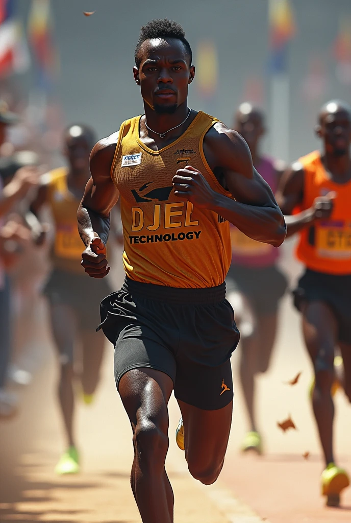 Un coureur africain avec un maillot avec mention DJEL TECHNOLOGY 