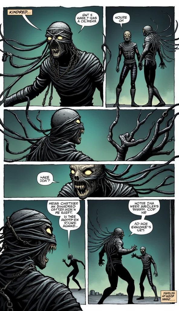 new new modern style comics books, Storyboard of spider man fighting with Kindred is a haunting and sinister figure with a design that reflects his eerie and malevolent nature: Head and Face: Kindred’s face is wrapped in tattered, mummy-like bandages, with only his glowing, hollow eyes visible. His mouth is filled with sharp, decaying teeth, giving him a skeletal appearance. Body: His body is gaunt and skeletal, covered in the same bandages that wrap around his head, further emphasizing his undead, mummified look. Clothing: He wears a long, tattered cloak with a hood that shrouds his figure in darkness. The cloak is frayed at the edges, adding to his ghostly, ancient appearance. Underneath, he wears a dark, medieval-style tunic and gloves. Chains: One of Kindred’s most distinctive features is the chains wrapped around his body. These chains often dangle and move as if alive, adding a supernatural element to his presence. Posture and Movement: Kindred’s posture is often hunched or looming, making him appear even more menacing. He moves with an eerie, almost ghost-like grace, emphasizing his otherworldly nature. In addition to his skeletal appearance and dark attire, Kindred has a set of large, spindly, demonic arms or tendrils protruding from his back. These arms are often depicted as bony, clawed, and wrapped in bandages similar to those covering his body. The arms add to his monstrous and otherworldly presence, moving with an eerie fluidity, sometimes acting as extra limbs to manipulate objects, attack, or ensnare his victims. These appendages enhance his supernatural aura, making him even more terrifying and formidable.
