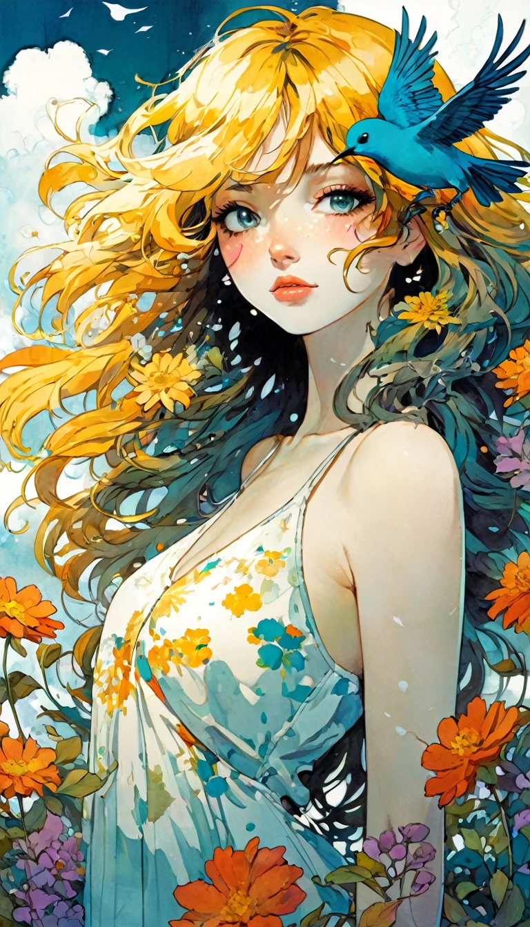 masterpiece, illustration, anime, 1girl, sexy, floral, cloud, bird, flow, hair over eyes, hair over one eye, (((ultra detailed))), softcore, kawaii, art inspired by Bill Sienkiewicz and Dave Mckean
