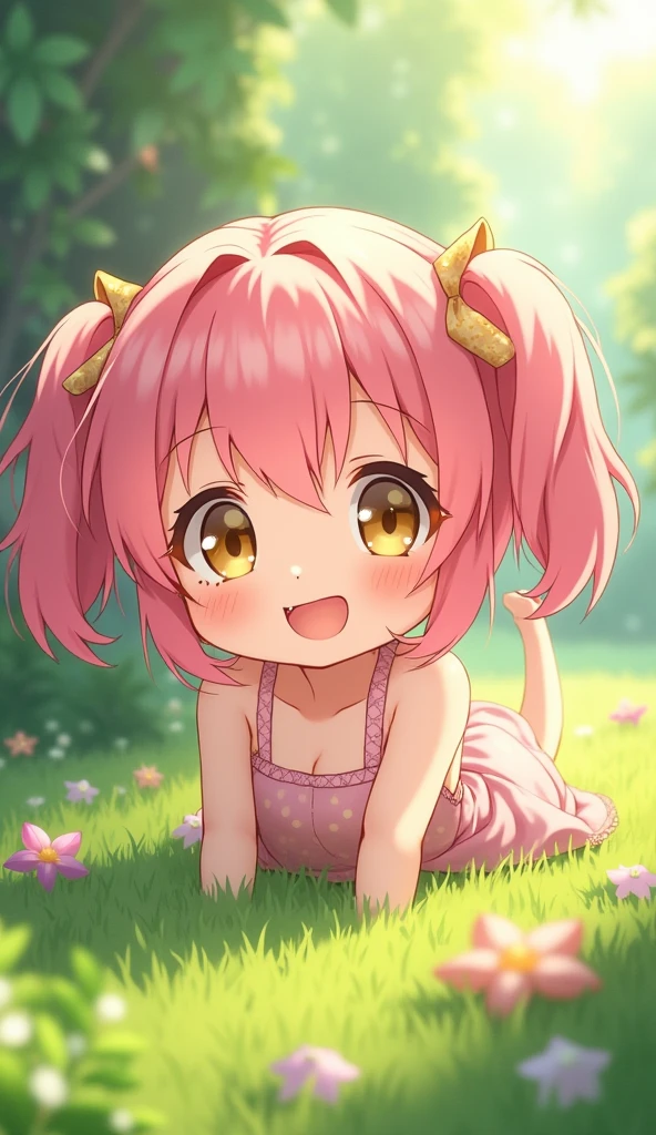 (8k, RAW photo, best quality, masterpiece, highres, absurdres, ultra detailed:1.3), (Photography, realistic, photo-realistic:1.4), (beautiful natural lighting, beautiful deatailed shadow, beautiful detailed glow :1.4), atmospheric,
BREAK, 1 beautiful girl, Solo,(Cute:1.5),(Chibi:0.8), (kawaii:1.5),(Loli:0.5), BREAK, (girl, Cute, Cheerful, face, medium breasts:1.2),(Pink hair,disheveled short twin tails,tareme,Gold eyes:1.2),gleaming skin,Clear skin, cleavage of the breast,Beautiful , gleaming skin,Clear skin, Beautiful skin,( A smile:1.5),(best quality face),(Top quality glowing eyes), (enjoying,blush, laughing out loud: 1.45), BREAK
(kawaii sundress, cute hair ribbon: 1.35),
BREAK Alice in Wonderland is lying on the lawn in the garden of a whimsical castle,(running:1.75),
BREAK wakame,wakame,wakame,(cowboy shot,from front:1.4) BREAK manga illustration.media,manga style,(ultra rich intricately proper sketch+pastel+airbrush+colored pencil:1.1),(ultra highres composition details:1.2), (delicate illustration), (pastelcolor style illustration:0.9), (watercolor style illustration:0.4),
