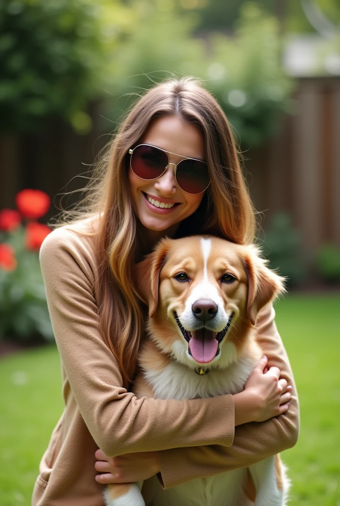 Now create a photo of the same 25-year-old girl in her backyard, hugging her dog, wearing sunglasses, smiling at the camera. Make sure the scene looks completely natural and exaggeratedly realistic.
