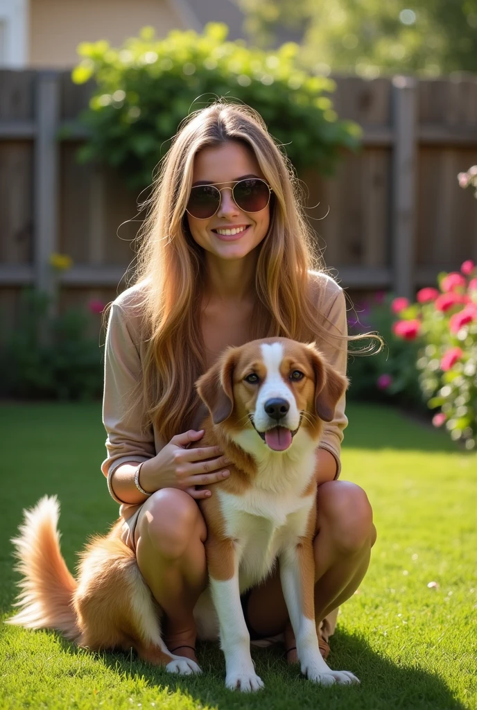 Now create a photo of the same 25-year-old girl in her backyard, hugging her dog, wearing sunglasses, smiling at the camera. Make sure the scene looks completely natural and exaggeratedly realistic.