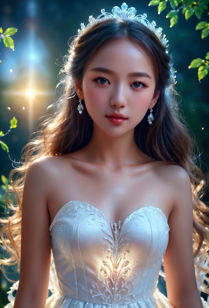 (fantasy) beautiful queen_delicate facial features, white dress, tiara, lovely princess, Gouache style art, 5d cg fantasy 작품, 8k high quality detailed art, intricate details, surreal, dreamy, soft lighting, warm color palette, elegant, majestic, realistic 8k photo, very detailed, Awards, masterpiece, (best quality, 4K, 8k, high resolution, masterpiece: 1.2, very detailed: 1.37), outdoor background_sunny day, Vivid nature, raw,