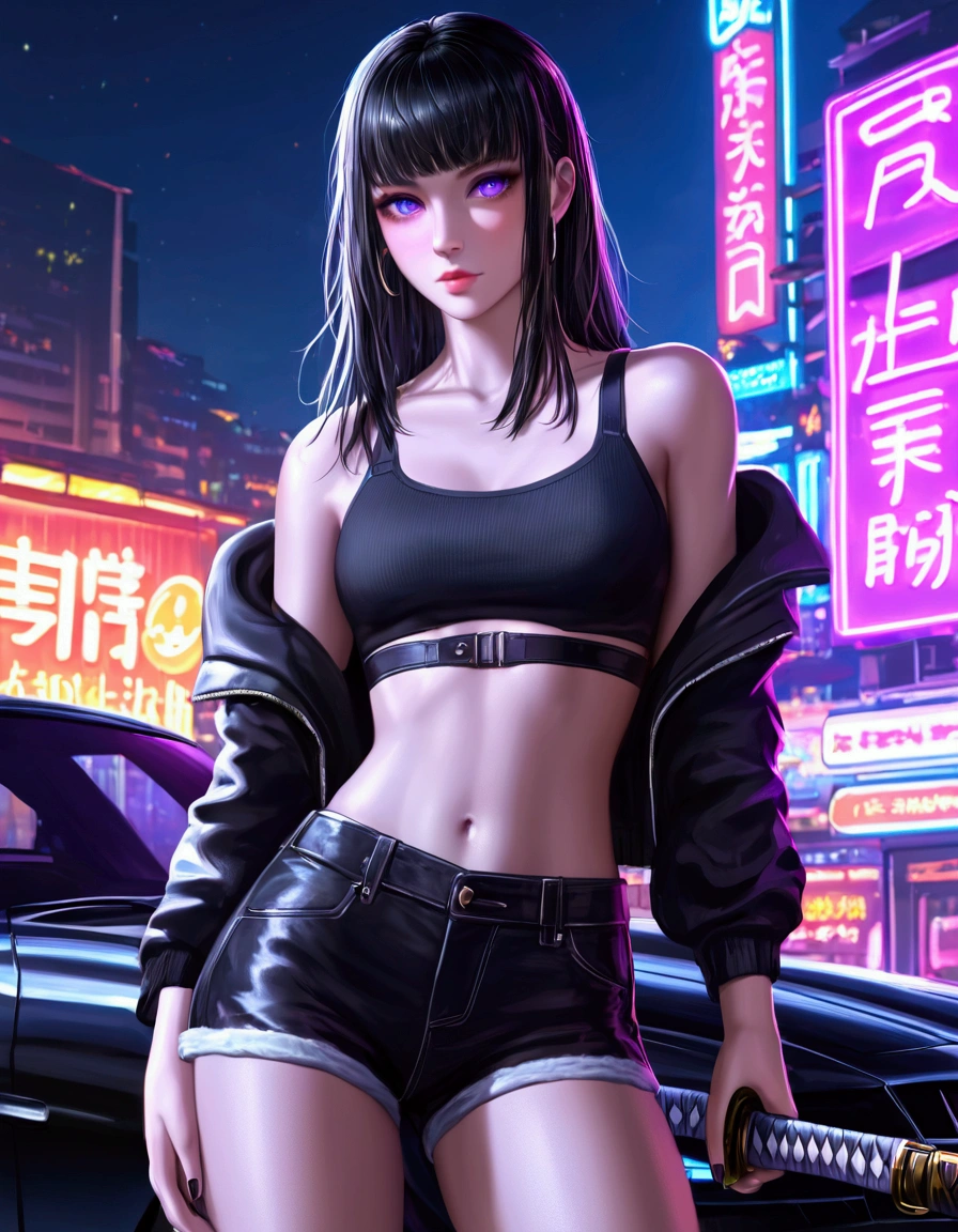 Digital artwork in an anime style, featuring a night-time urban setting with neon lights. The layout is dynamic, with a young woman as the central subject. She has long black hair, pale skin, and striking purple eyes. She is dressed in a black crop top, black shorts, and a black jacket with white text on the sleeve. She holds a katana over her shoulder. Behind her is a sleek, black sports car with a visible 'GT-R artvision1999' logo on the front. The background is filled with brightly lit billboards and signs, predominantly in shades of pink and blue, creating a vibrant, cyberpunk atmosphere.anatomically correct, super detailed, high quality, 4K