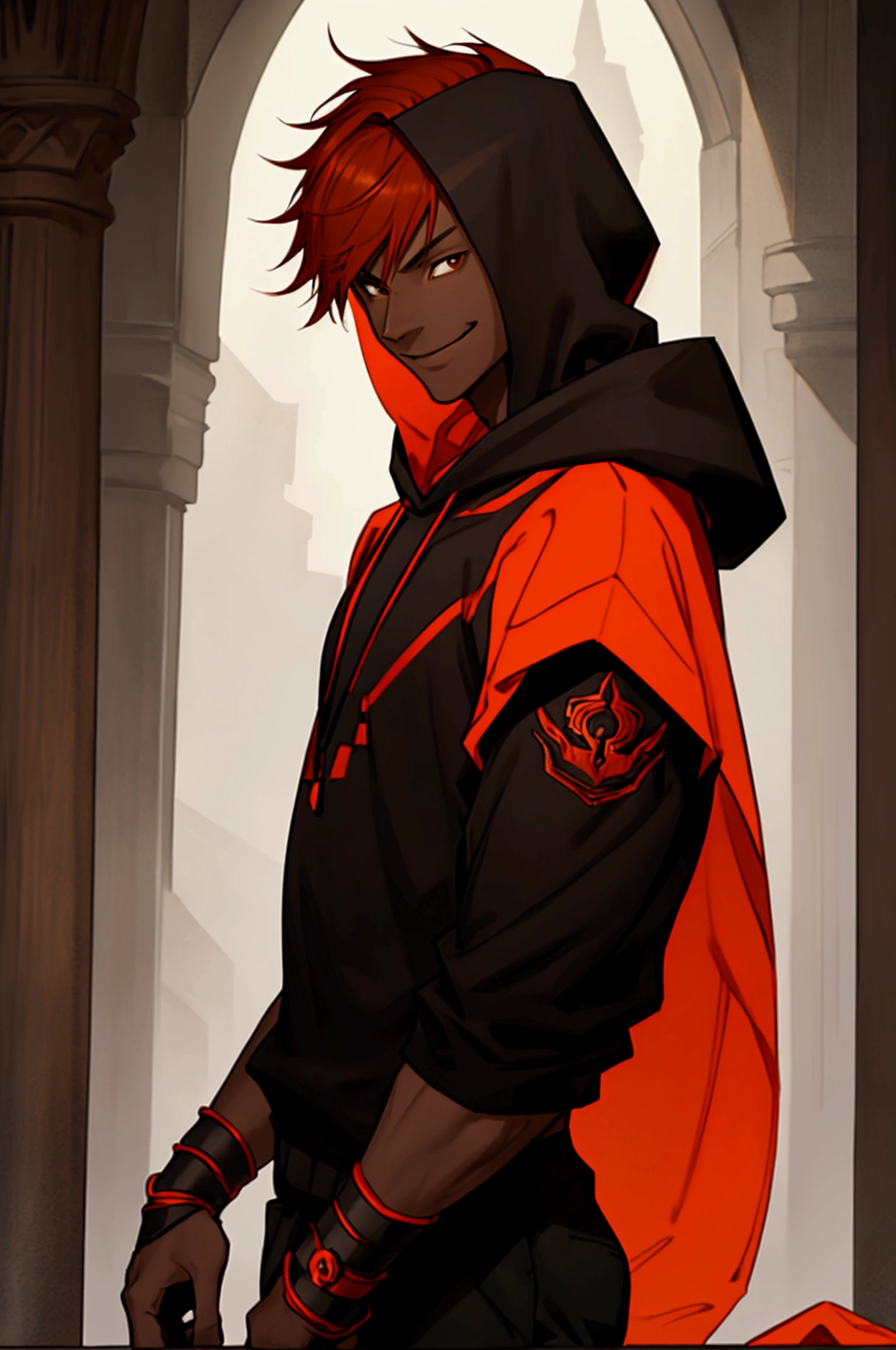 Teenager boy,black skin, thin almond-shaped dark brown eyes, defined physique, short straight orange-red hair, and a mischievous smirk on his face wearing a black hood