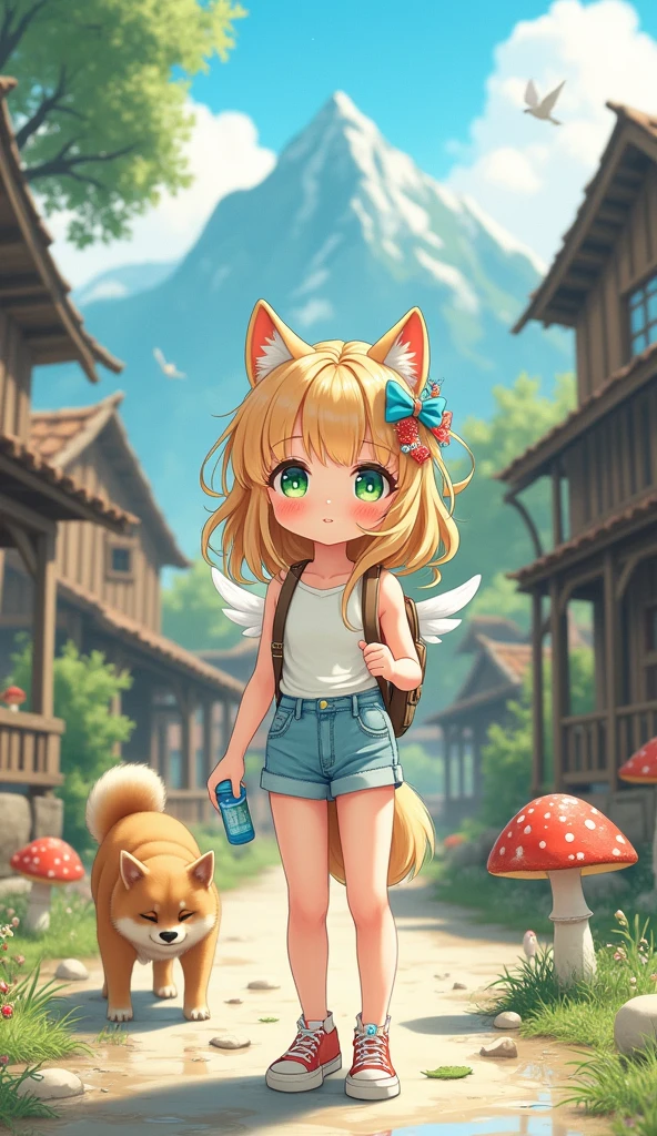 (8k, RAW photo, best quality, masterpiece, highres, absurdres, ultra detailed:1.3), (Photography, realistic, photo-realistic:1.4), (beautiful natural lighting, beautiful deatailed shadow, beautiful detailed glow :1.4), atmospheric,
BREAK, 1 beautiful girl, girl, (cute:1.5),(chibi:0.5),(cute:2.0),(Loli:2.0),(12 year old girl),(big breasts:1.65),(chin hair,blonde,blue bow,green eyes,Eyebrows visible through the hair,side lock,long hair with bangs parted, hair flower, hair ornaments, big ribbon in hair, curly hair, ponytail:1.6),:he, white feathers, one thin white wing, Ang he wings, spread,(blushed,:d:1.45) , BREAK
(white tank_top, hotpants, backpack,beret:1.4), (drinking, sweatdrop, outdoor, summer, mountain, mushroom,Shiba Inu drinking water, Little bird, busy:1.2), (wariza,holding water bottle:1.4), standing, In a western country town, BREAK
,
BREAK wakame,wakame,wakame,(cowboy shot,from front above:1.4) BREAK manga illustration.media,manga style,(ultra rich intricately proper sketch+pastel+airbrush+colored pencil:1.1),(ultra highres composition details:1.2), (delicate illustration), (pastelcolor style illustration:0.9), (watercolor style illustration:0.4),