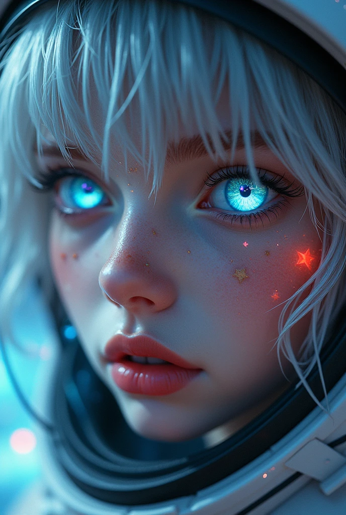 (Close-up of a better masterpiece:1.5)0.9], (Space and astronauts:1.2) (Messy silver hair:1.1) (Heterochromia xanthochromia and blue eyes:1.2) (Space Helmet:1.0) (Colored stars in the eyes:1.0) (A radiant glow:1.1) (thick lips:0.9)