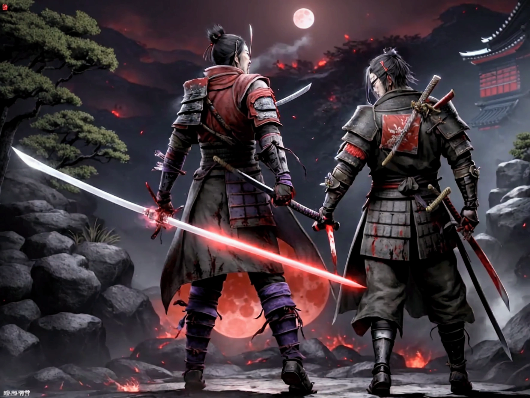 work of art, 4K, protagonist de Sekiro, full moon night, bloody moon, reddish sky, man with burning clothes, eye patch, big hair, prostate arm, black-bladed katana imbued with purple flames, post war environment, fight with shirtless man, big bow on the back, uses lightning-imbued katana