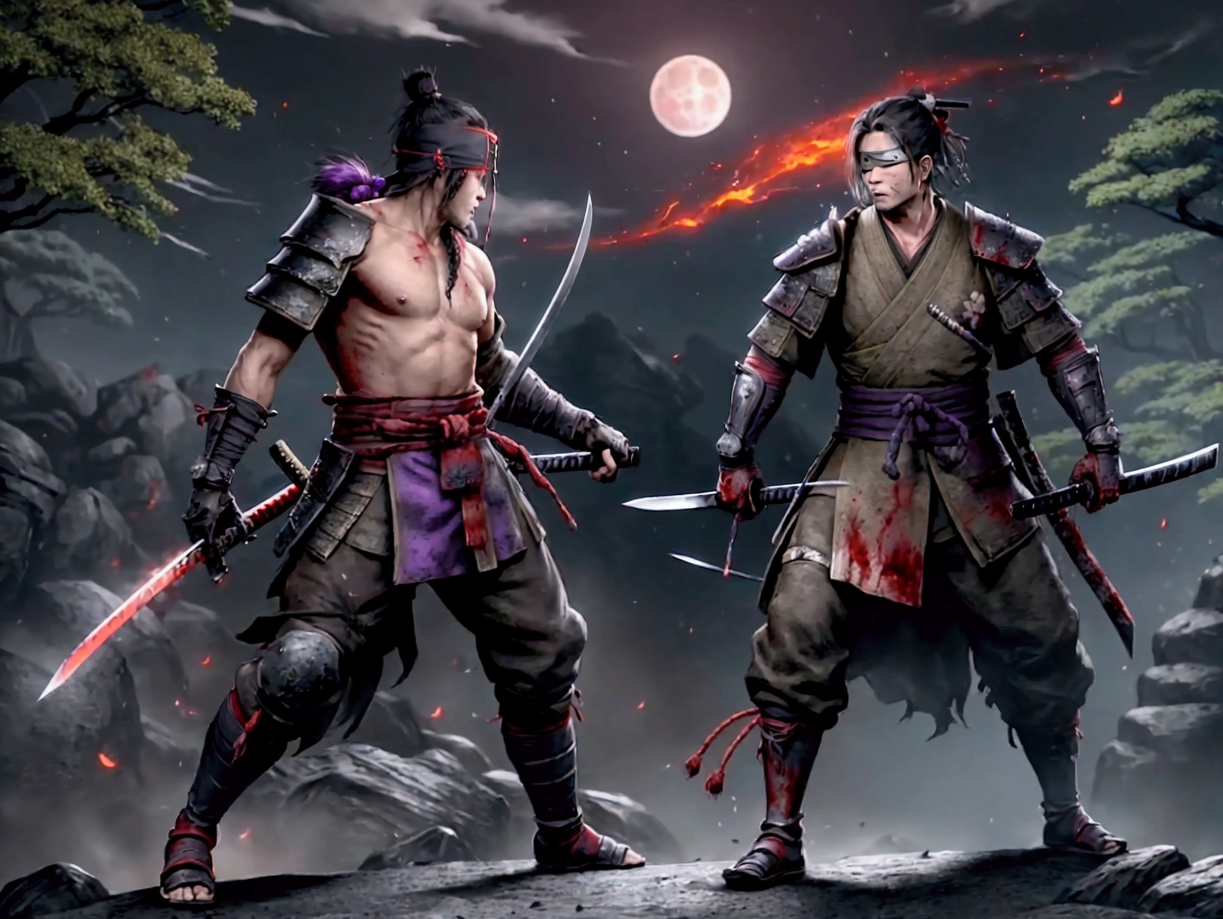 work of art, 4K, protagonist de Sekiro, full moon night, bloody moon, reddish sky, man with burning clothes, eye patch, big hair, prostate arm, black-bladed katana imbued with purple flames, post war environment, fight with shirtless man, big bow on the back, uses lightning-imbued katana