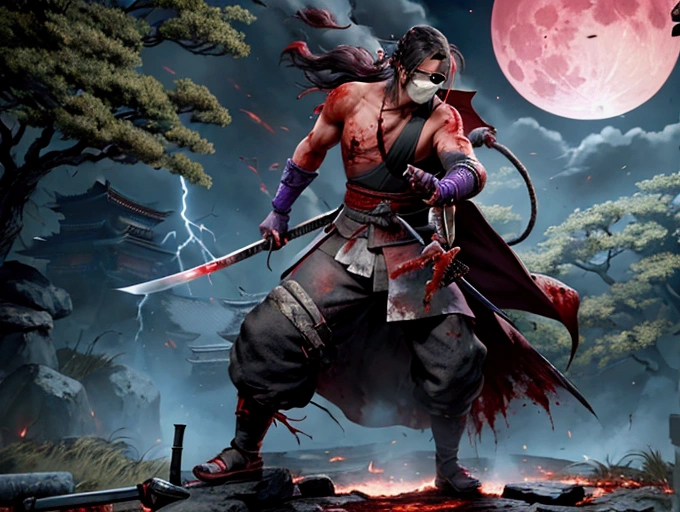 work of art, 4K, protagonist de Sekiro, full moon night, bloody moon, reddish sky, man with burning clothes, eye patch, big hair, prostate arm, black-bladed katana imbued with purple flames, post war environment, fight with shirtless man, big bow on the back, uses lightning-imbued katana