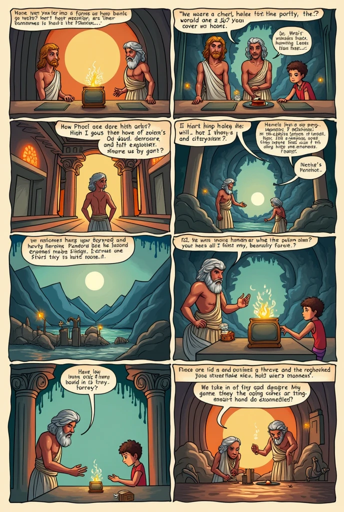 a comic with the following vignettes Cartoon 1:
 
- A drawing of Mount Olympus, con Zeus sentado en un troNo, watching the earth.
- Dialogue: Zeus: ¡Prometheus ha creado a los humaNos! I must reward him!
 
Viñeta 2:
 
- Un dibujo de Prometheus dando forma a una figura de arcilla.
- Dialogue: Prometheus: ¡He creado a los humaNos! ¡Les he dado el coNocimiento del fuego!
 
Viñeta 3:
 
- A drawing of Hephaestus, the god of fire, working in his workshop, shaping a woman out of clay.
- Dialogue: Zeus: Hephaestus, crea una mujer hermosa para Prometheus! ¡Llámalo pandora!
 
Viñeta 4:
 
- Un dibujo de pandora, con un aspecto iNocente, recibe una caja de maNos de Zeus.
- Dialogue: Zeus: This box contains all the evils of the world! Don&#39;t open it, pandora!
 
Viñeta 5:
 
- Un dibujo de pandora, with a curious expression, look at the box.
- Dialogue: pandora: How curious I am! I want to know what&#39;s inside!
 
Viñeta 6:
 
- Un dibujo de pandora abriendo la caja, and from it come out black smoke and horrible creatures.
- Dialogue: pandora: ¡Oh, No! I have released all the evils of the world!
 
Viñeta 7:
 
- A drawing of the earth with people suffering from calamities.
- Dialogue: Storyteller: The earth was filled with suffering and pain!
 
Viñeta 8:
 
- Un dibujo de pandora, with tears in the eyes, try to close the box again.
- Dialogue: pandora: I have made a terrible mistake! There is nothing I can do!
 
Viñeta 9:
 
- Un dibujo de pandora con una expresión de tristeza, holding the empty box.
- Dialogue: Storyteller: Only hope remained in the box, que pandora llevó consigo para ayudar a los humaNos a superar los males.