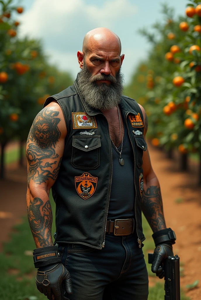 bald man with long beard face tattoo glasses vest motorcycle club holding gun tangerine plantation football field