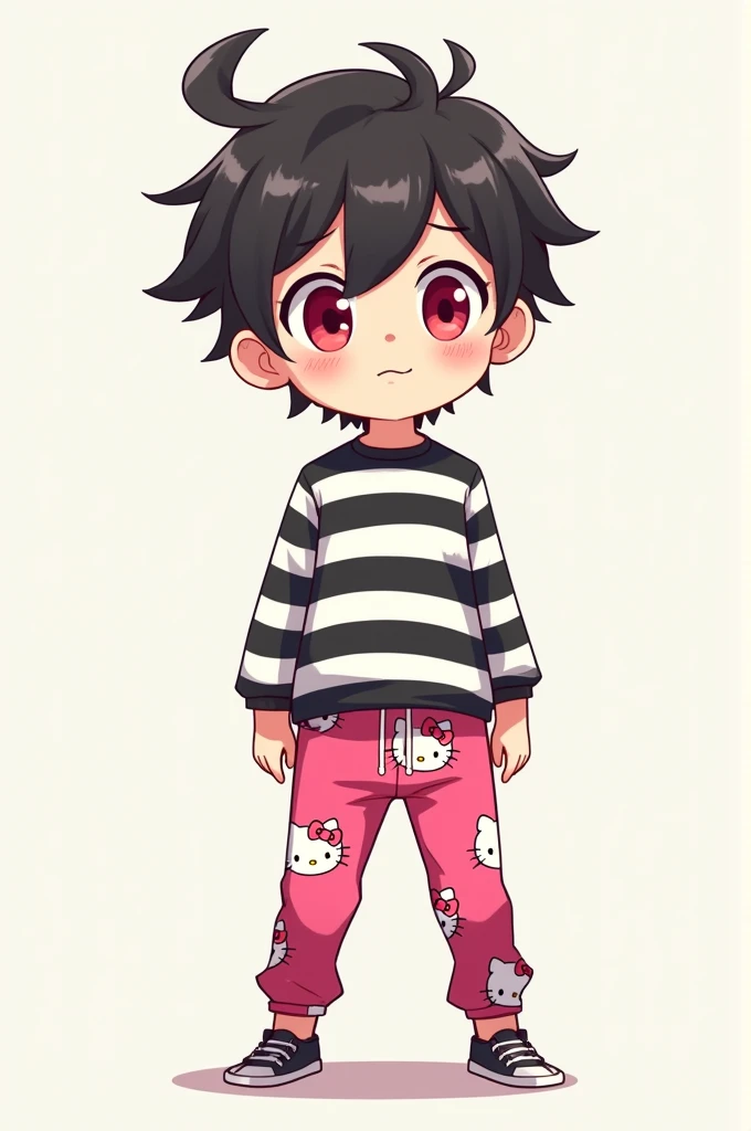 Create an anime version of a boy with pink Hellokity pants, red eyes and a black striped blouse.