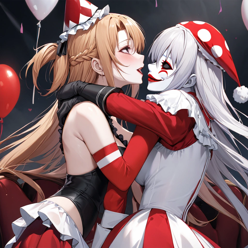 ((Highest quality)), ((masterpiece)), (detailed), (Perfect Face)、((The woman is Yuuki Asuna, with light brown, medium-long hair, pure white skin, and a creepy clown mask.))、The woman is a creepy, evil clown wearing a risqué black rubber V-neck leotard outfit, long black rubber boots, long black rubber gloves, lots of frills and clown decorations, a clown collar, a clown jester hat, a swallowtail skirt, and creepy clown makeup on her face and a red nose.、The woman is a creepy, evil, lewd clown who is a minion of an evil organization.、The woman and the evil circus clown passionately embrace, kiss each other deeply, and fall in love and get married.、The Pierrot leader made the woman his own, and as his Pierrot wife, her love and loyalty was engraved into his soul forever.、The woman is the destined clown wife, bound by soul to the clown leader.