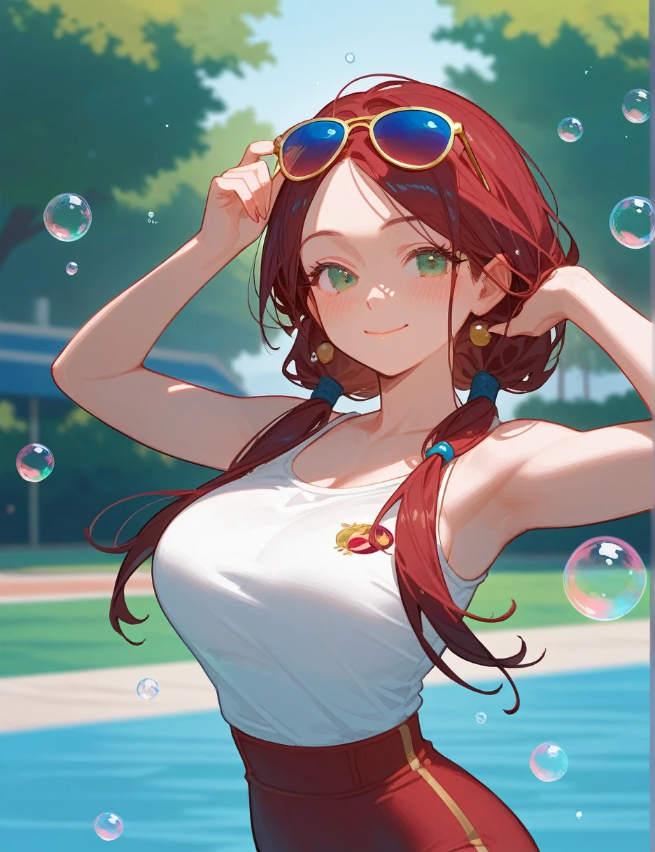 score_9_up,score_8_up, 1girl, solo, green eyes, burgundy hair, twin low tails, long hair, ((blush)), closed mouth, smile, big breast, pose, (thin girl:1.2), (bubbles), ((entertainment park)), sunglasses, 