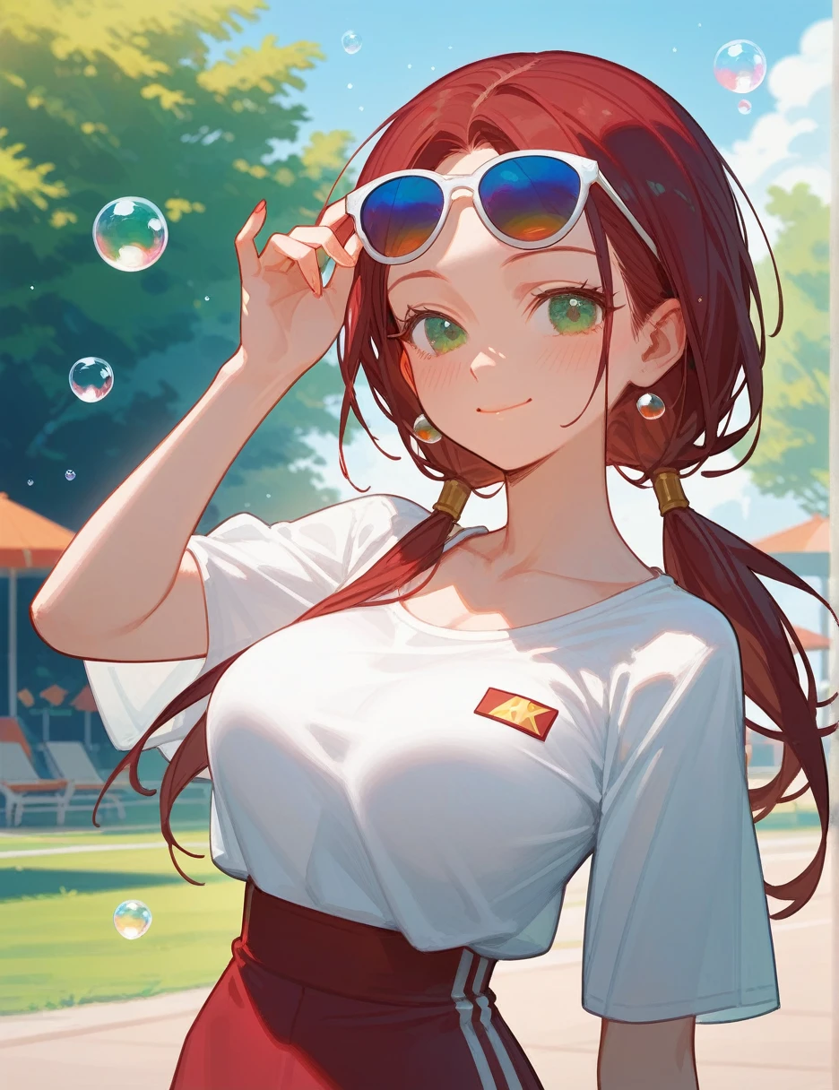 score_9_up,score_8_up, 1girl, solo, green eyes, burgundy hair, twin low tails, long hair, ((blush)), closed mouth, smile, big breast, pose, (thin girl:1.2), (bubbles), ((entertainment park)), sunglasses,