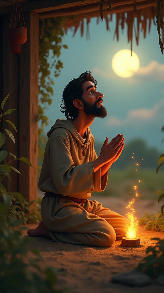 "The poor man is sitting on his knees in a corner of the field or inside the hut, prostrating to his Lord secretly . His features reflect supplication and hope, and the sky in the background is bright with a dim light, adding spirituality and hope to the scene." , 3d animation ,disney inspired