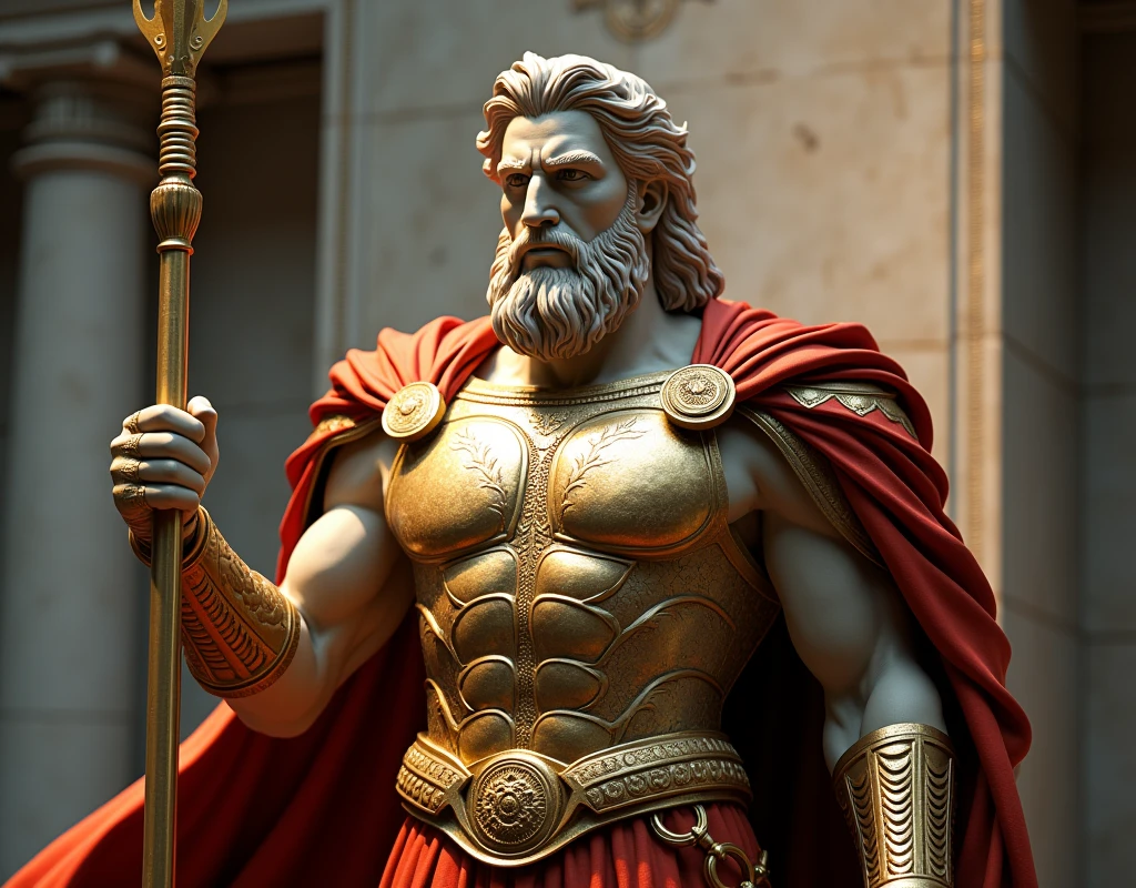 in this painting, I imagine the representation of a Greek god., Ares, with a powerful and majestic presence. The message should capture the essence of this topic., highlighting the main elements, Textures, Additional Details, Image quality, Art Style, color tone, and lighting. Make sure the message follows the indicated format and includes at least 5 specific details related to the topic... Below is an example of what the message might look like.: "Powerful Greek God (Ares), with detailed and chiseled features, intense and penetrating eyes, sculpted facial structure, and a fierce expression. The god is represented in a classical sculpture medium., showcasing intricate marble Textures and lifelike details. The Additional Details include a flowing cape draping gracefully over the god's broad shoulders, a gleaming golden armor adorned with intricate engravings, and a powerful spear held firmly in his hand. The Image quality should be of the highest standards, with ultra detailed rendering and professional craftsmanship to create a photo-realistic masterpiece (Best Quality, 4k, High resolution, ultra detailed:1.2). The Art Style should reflect the grandeur and power associated with Greek mythology, Combining elements of classical sculptures and contemporary conceptual artists. The color tone should be rich and vibrant., incorporating deep shades of gold, copper, and crimson to enhance the royal aura. The lighting must be spectacular., emphasizing the imposing presence of the god with strategically placed spotlights, casting dynamic shadows and light to accentuate the sculptural form."