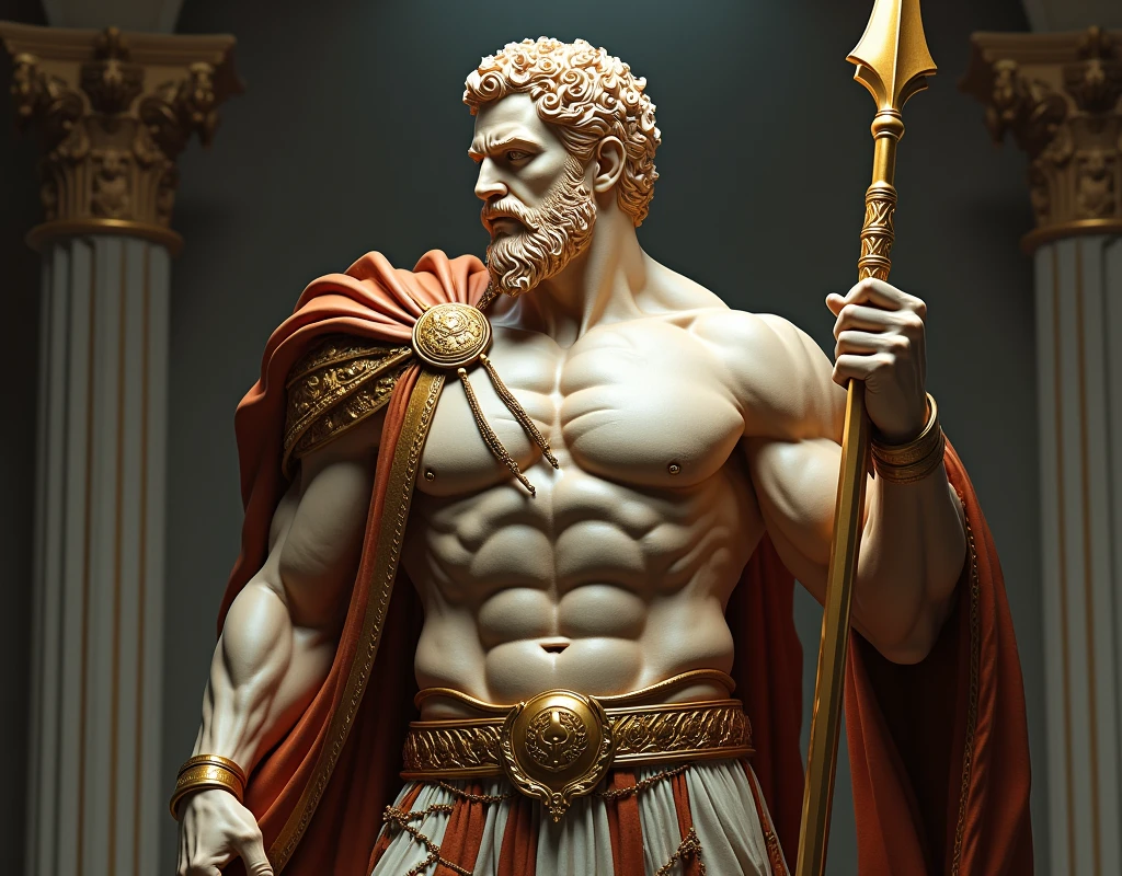 in this painting, I imagine the representation of a Greek god., Ares, with a powerful and majestic presence. The message should capture the essence of this topic., highlighting the main elements, Textures, Additional Details, Image quality, Art Style, color tone, and lighting. Make sure the message follows the indicated format and includes at least 5 specific details related to the topic... Below is an example of what the message might look like.: "Powerful Greek God (Ares), with detailed and chiseled features, intense and penetrating eyes, sculpted facial structure, and a fierce expression. The god is represented in a classical sculpture medium., showcasing intricate marble Textures and lifelike details. The Additional Details include a flowing cape draping gracefully over the god's broad shoulders, a gleaming golden armor adorned with intricate engravings, and a powerful spear held firmly in his hand. The Image quality should be of the highest standards, with ultra detailed rendering and professional craftsmanship to create a photo-realistic masterpiece (Best Quality, 4k, High resolution, ultra detailed:1.2). The Art Style should reflect the grandeur and power associated with Greek mythology, Combining elements of classical sculptures and contemporary conceptual artists. The color tone should be rich and vibrant., incorporating deep shades of gold, copper, and crimson to enhance the royal aura. The lighting must be spectacular., emphasizing the imposing presence of the god with strategically placed spotlights, casting dynamic shadows and light to accentuate the sculptural form."
