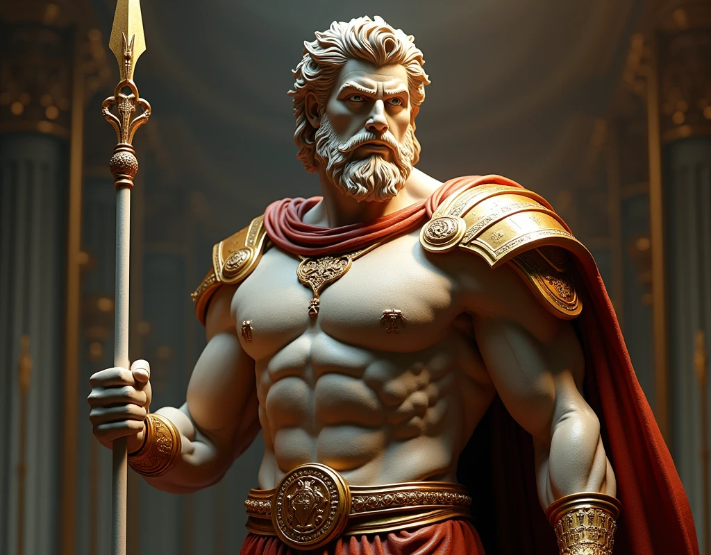 in this painting, I imagine the representation of a Greek god., Ares, with a powerful and majestic presence. The message should capture the essence of this topic., highlighting the main elements, Textures, Additional Details, Image quality, Art Style, color tone, and lighting. Make sure the message follows the indicated format and includes at least 5 specific details related to the topic... Below is an example of what the message might look like.: "Powerful Greek God (Ares), with detailed and chiseled features, intense and penetrating eyes, sculpted facial structure, and a fierce expression. The god is represented in a classical sculpture medium., showcasing intricate marble Textures and lifelike details. The Additional Details include a flowing cape draping gracefully over the god's broad shoulders, a gleaming golden armor adorned with intricate engravings, and a powerful spear held firmly in his hand. The Image quality should be of the highest standards, with ultra detailed rendering and professional craftsmanship to create a photo-realistic masterpiece (Best Quality, 4k, High resolution, ultra detailed:1.2). The Art Style should reflect the grandeur and power associated with Greek mythology, Combining elements of classical sculptures and contemporary conceptual artists. The color tone should be rich and vibrant., incorporating deep shades of gold, copper, and crimson to enhance the royal aura. The lighting must be spectacular., emphasizing the imposing presence of the god with strategically placed spotlights, casting dynamic shadows and light to accentuate the sculptural form."