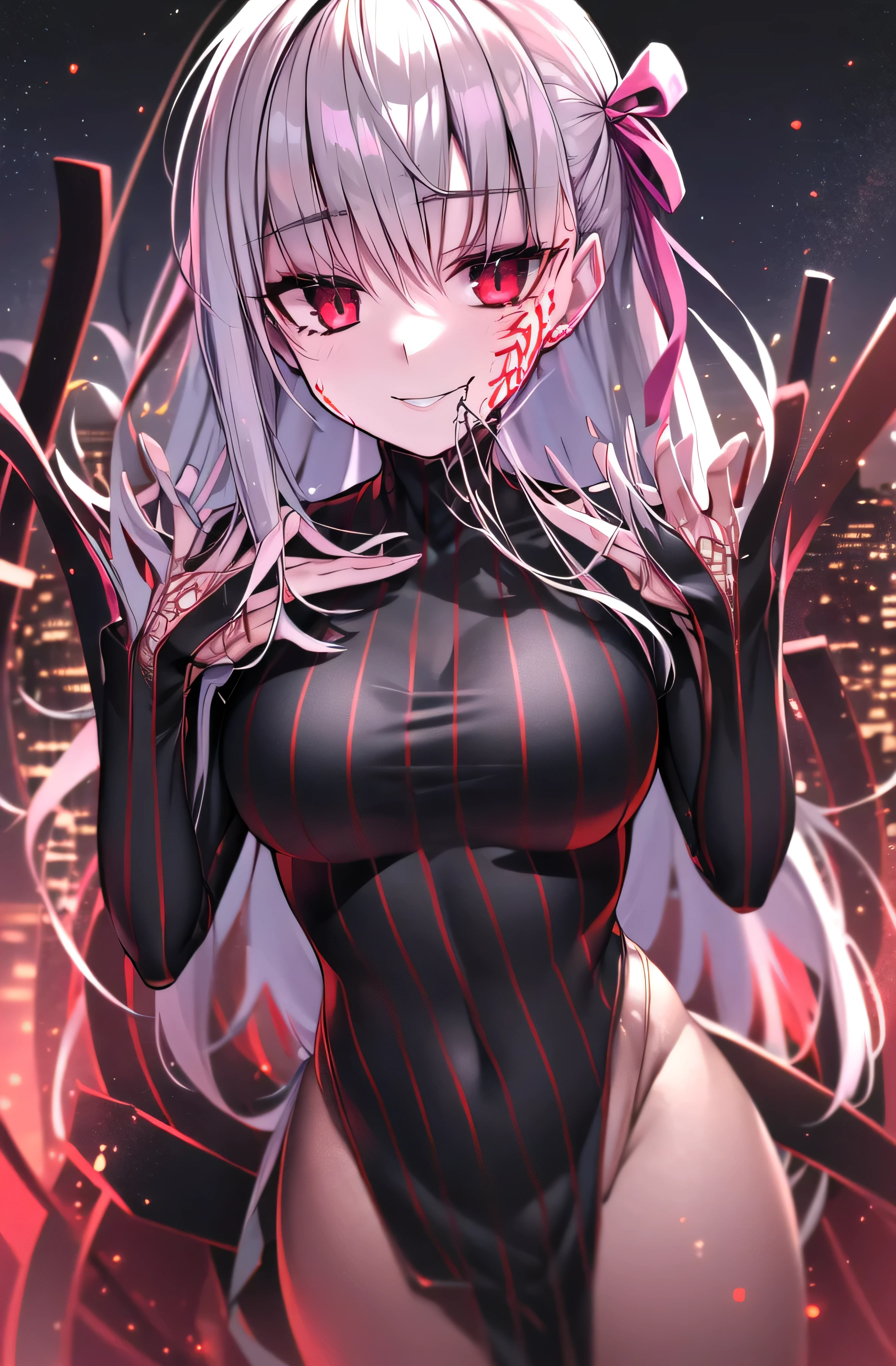 ((masterpiece,Highest quality, detailed)), One girl, alone,
Outdoor, night, Cityscape, Portraiture, Cowboy Shot, Dark Sakura,Wicked Smile， Anxious smile, Hair Ribbon, Hollow Eyes, Plug Suit, Bodysuits, black Bodysuits, Pause, Fits perfectly to the skin, Striped, cyber punk, Put your finger to your mouth, Body pattern