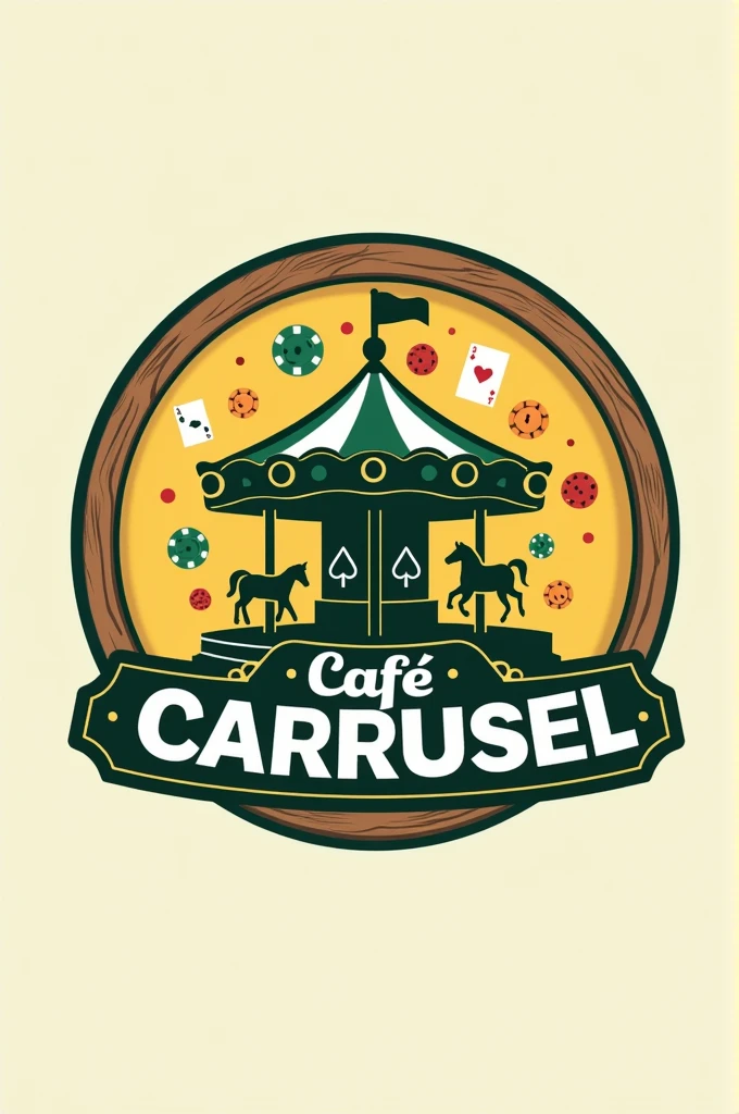 “Create a logo for a coffee shop called &#39;Café Carrusel&#39;. The logo should have a central carousel with board game pieces like dice, chips and cards. Surround the carousel with a circle that has the name &#39;Café Carrusel&#39;. Use dark green colors (#2E865F) for the carousel and the pieces, wood (#964B00) for the circle and the details, and yellow (#F7DC6F) for accents and text. The typography must be modern and legible open sans