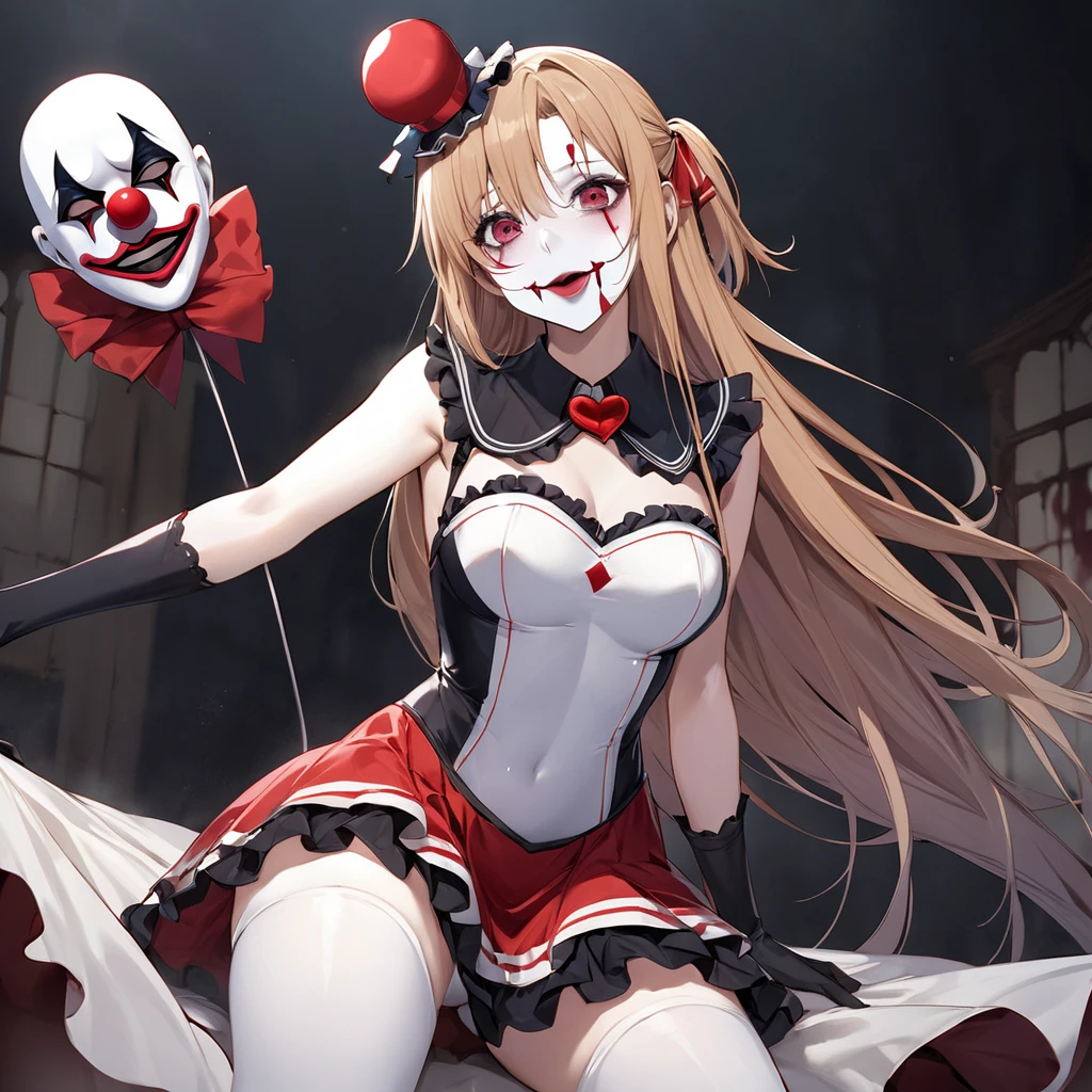 ((Highest quality)), ((masterpiece)), (detailed), (Perfect Face)、((The woman is Yuuki Asuna, with light brown, medium-long hair, pure white skin, and a creepy clown mask.))、The woman is a creepy, evil clown wearing a risqué black rubber V-neck leotard outfit, long black rubber boots, long black rubber gloves, lots of frills and clown decorations, a clown collar, a clown jester hat, a swallowtail skirt, and creepy clown makeup on her face and a red nose.、The woman is a creepy, evil, lewd clown who is a minion of an evil organization.、The Pierrot leader made the woman his own, and as his Pierrot wife, her love and loyalty was engraved into his soul forever.、The woman is the destined clown wife, bound by soul to the clown leader.