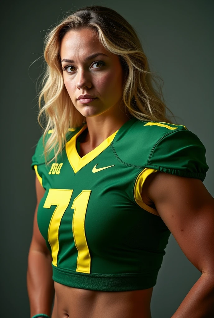 A photo of Ashley Sanders, an offensive tackle for the female Oregon Ducks football team. Number 71. Big sexy blonde