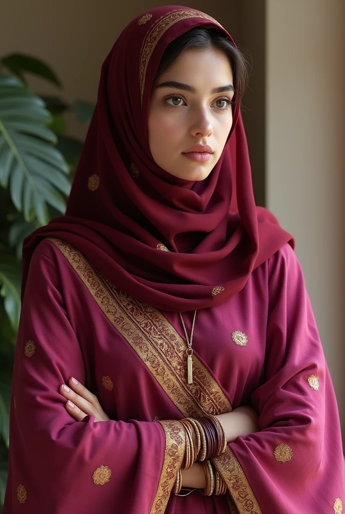 A girl wearing magenta goldenish saree, maroon blouse, maroon hijab and maroon and golden bangles
