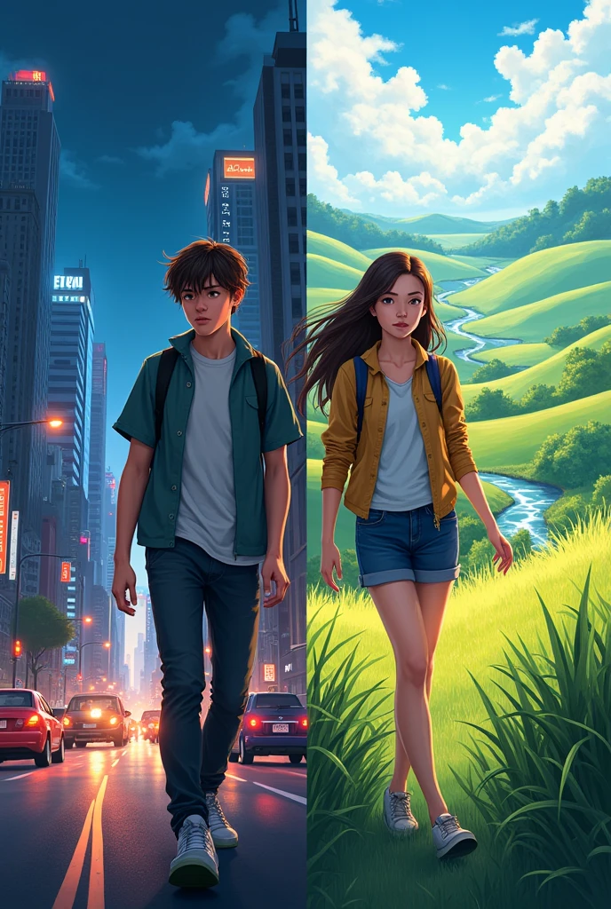 Image of two teenagers on a split panel. The man is in the city and the woman is in the countryside.