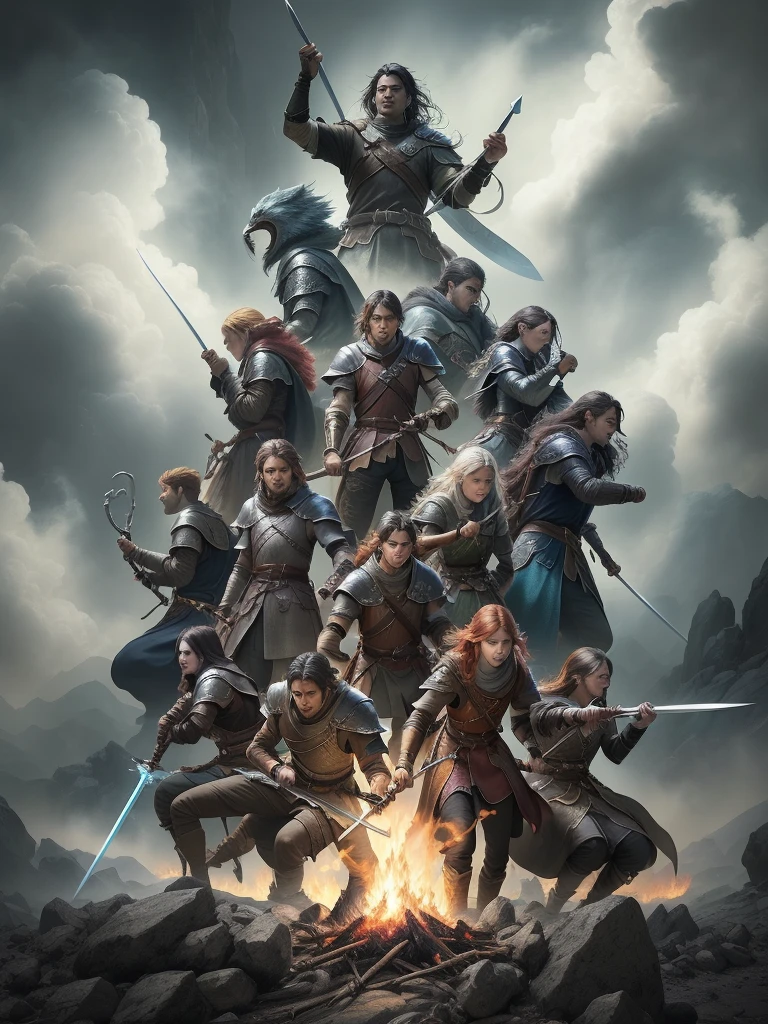 a group of people standing around a fire with swords, key art, full poster, epic fantasy digital art style, d & d fantasy digital art, game poster, high fantasy art movie poster, game key art, epic fantasy style, d&d trending on artstation, fantasy movie poster, square enix cinematic art, game promotional poster, official poster