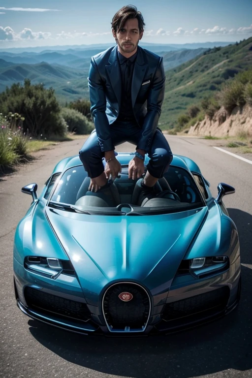 a realistic man on top of a blue bugatti
