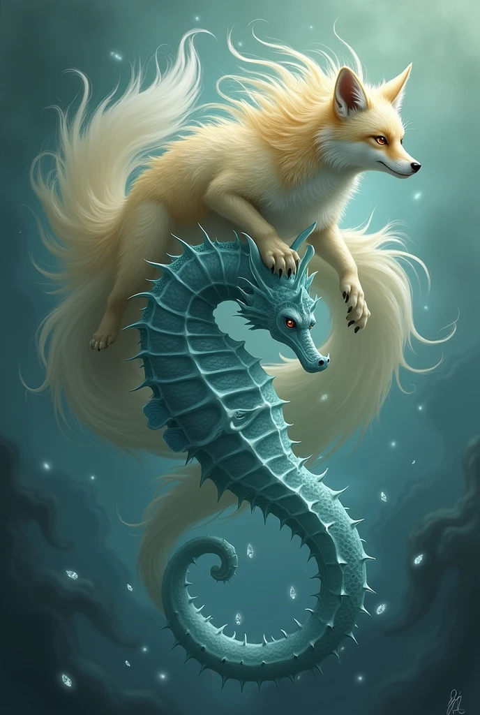 A nine-tailed fox on a seahorse and The Crying Seahorse