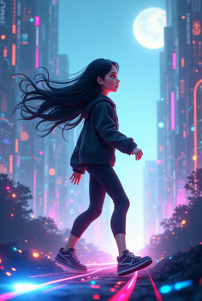 I will create a Pixar-style 3D poster for you, with a 20 year old girl exploring a world of digital design. She will have black hair and will wear a black outfit., white and azure. No fundo, there will be a creative graphic design scene, with code elements and digital icons. One moment, Por favor.