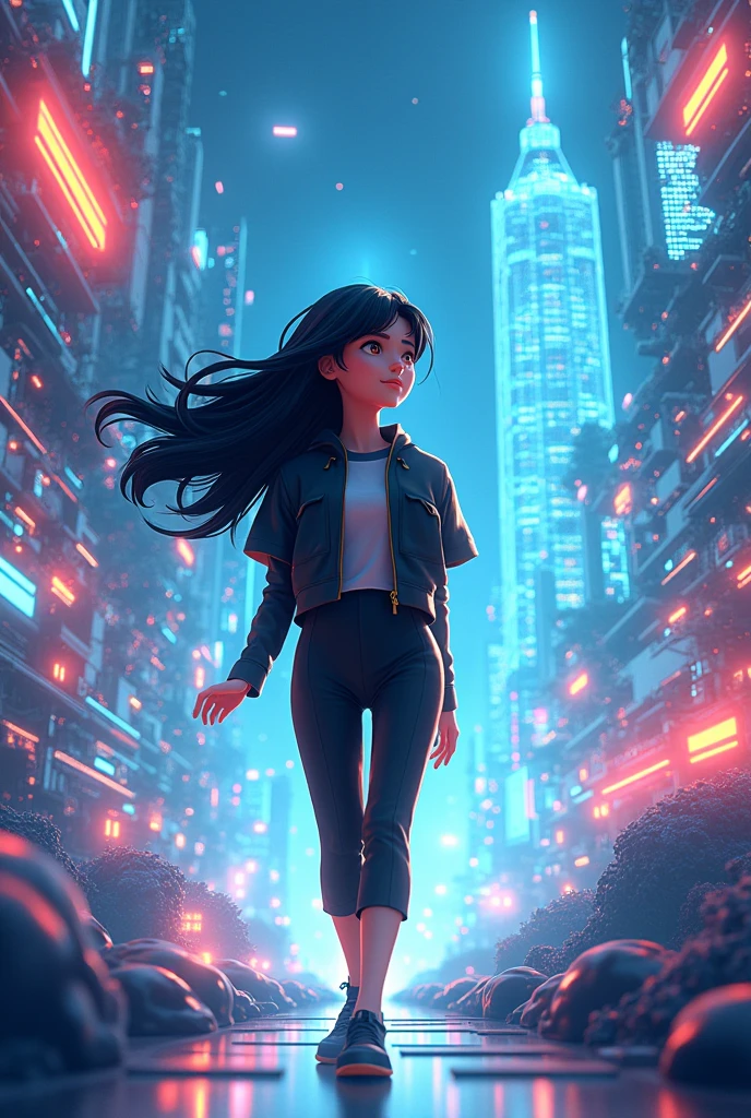 I will create a Pixar-style 3D poster for you, with a 20 year old girl exploring a world of digital design. She will have black hair and will wear a black outfit., white and azure. No fundo, there will be a creative graphic design scene, with code elements and digital icons. One moment, Por favor.